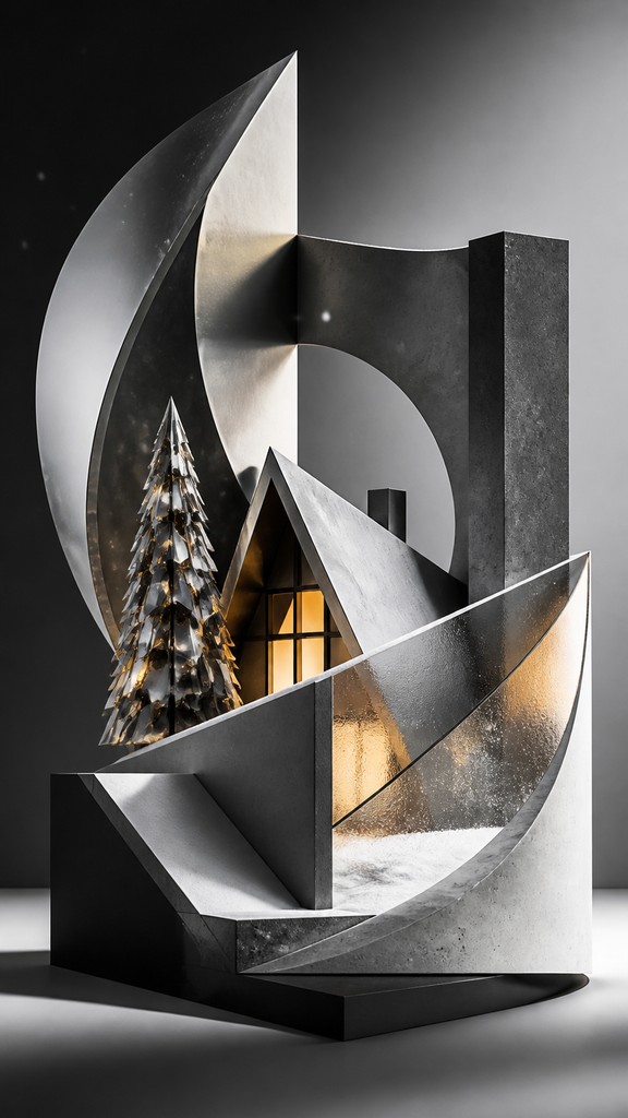 a snow-covered cottage with warm glowing windows beside a decorated pine tree, gentle snowfall, no text