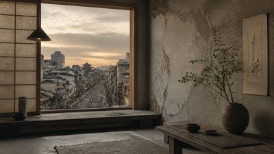 bustling city street panorama at dusk