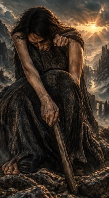 a painting of a woman holding a stick
