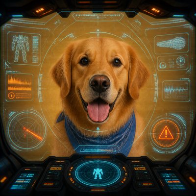 portrait of a golden retriever wearing a blue bandana, warm plain backdrop, no text