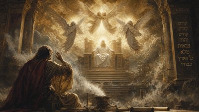 "In the year that King Uzzi′ah died I saw the Lord sitting upon a throne, high and lifted up; and his train filled the temple. 2 Above him stood the seraphim; each had six wings: with two he covered his face, and with two he covered his feet, and with two he flew. 3 And one called to another and said:

“Holy, holy, holy is the Lord of hosts;
the whole earth is full of his glory.”

4 And the foundations of the thresholds shook at the voice of him who called, and the house was filled with smoke." - Isaiah 6:1-4