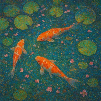 A koi pond seen from above, orange and white koi fish swimming among lily pads, clear water with subtle ripples, fallen cherry blossom petals floating on the surface, dappled sunlight