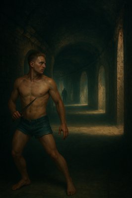 a painting of a man with a knife in his hand