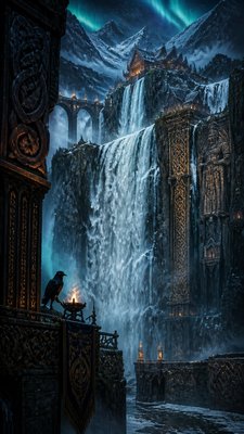 towering waterfall cascading down a cliff