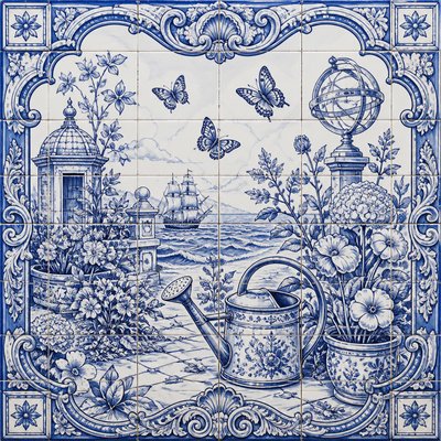 a garden scene with butterflies, flowers and a watering can, clean uncolored line art, no text