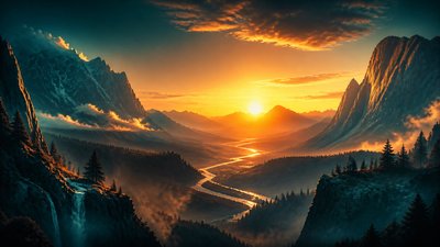 a vast valley with a river winding toward distant mountains at sunrise, no people, no text