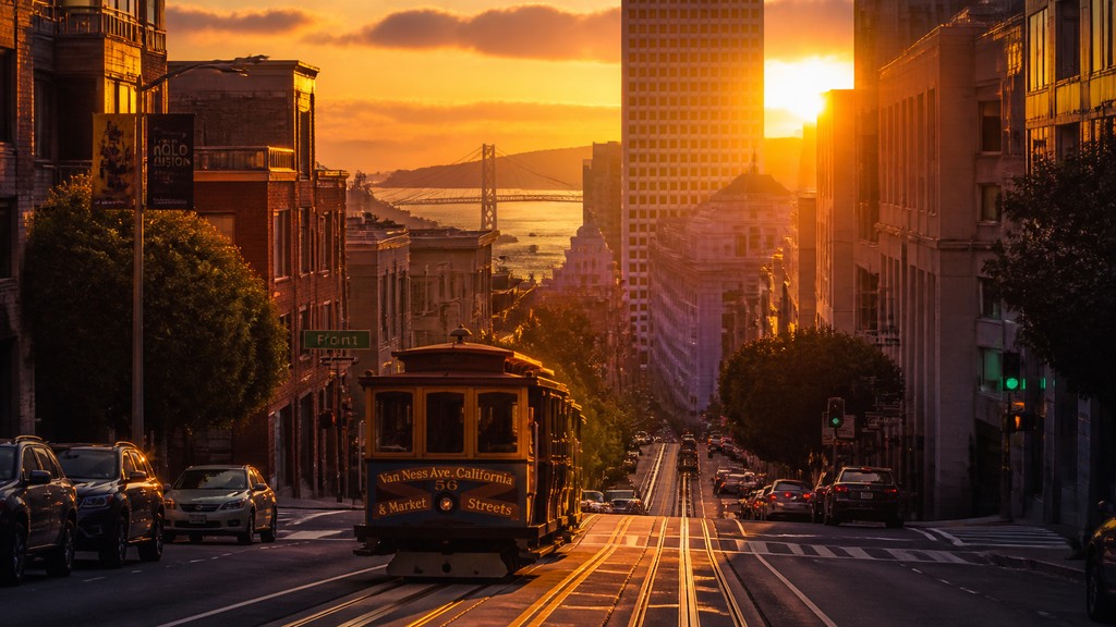 bustling city street panorama at dusk
