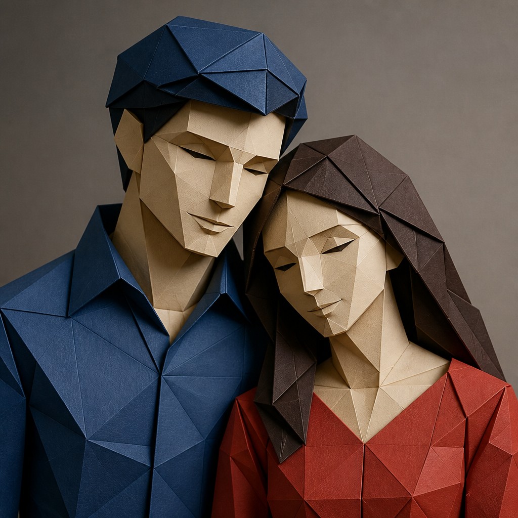 portrait of two people together — Origami Art Style
