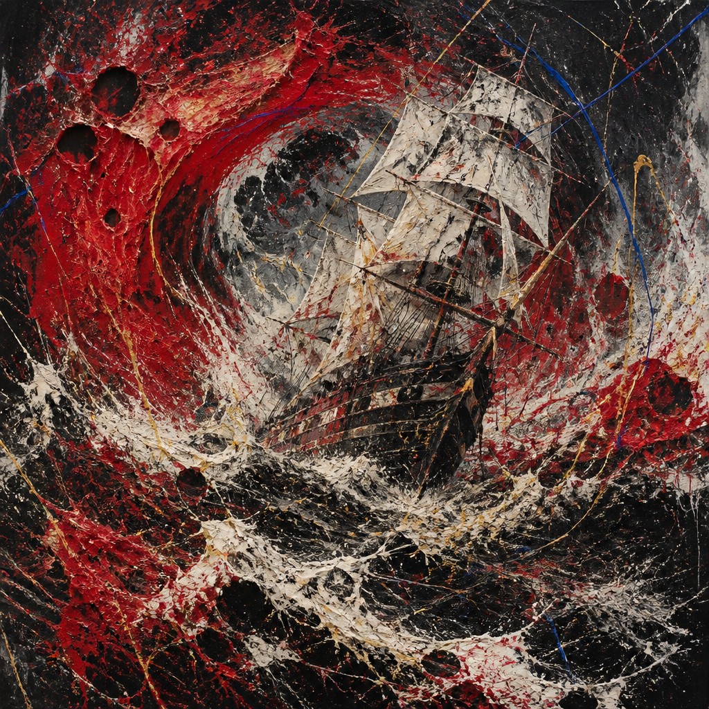 sailing ship on a stormy sea — Gutai Art Style