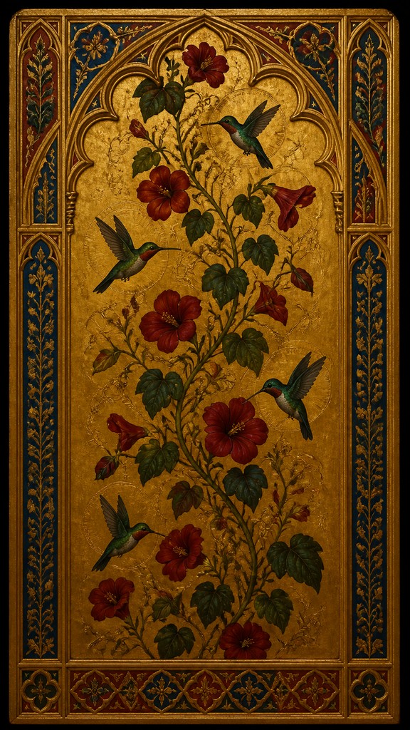 a climbing vine of flowers and hummingbirds on a dark background, tall wrapping composition, no text