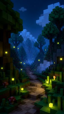 a mysterious forest path with fireflies and drifting mist, atmospheric vertical composition with open space at the top, no text