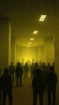 a live music scene with a glowing stage and silhouetted crowd, energetic vertical composition with open space at the top, no text