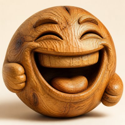 an exaggerated laughing face of an original round mascot character, bold and readable at small size, plain background, no text