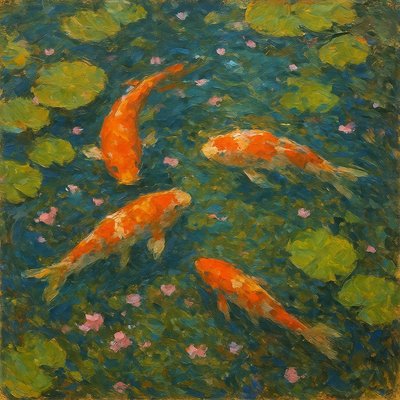 A koi pond seen from above, orange and white koi fish swimming among lily pads, clear water with subtle ripples, fallen cherry blossom petals floating on the surface, dappled sunlight