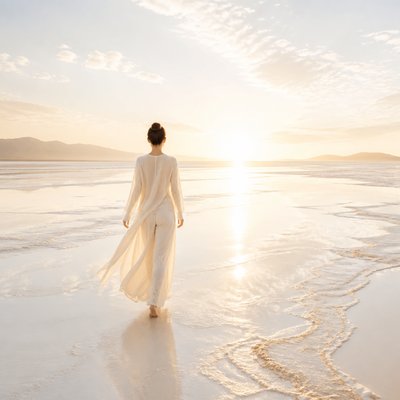 a solitary figure walking toward a glowing horizon across an empty plain, moody atmosphere, no text or lettering