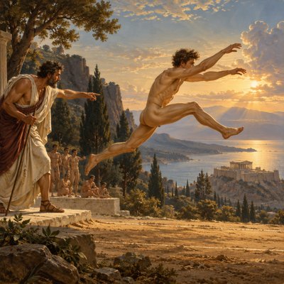 ancient greek trainer instructs an ignudi athlete doing a long jump leap 