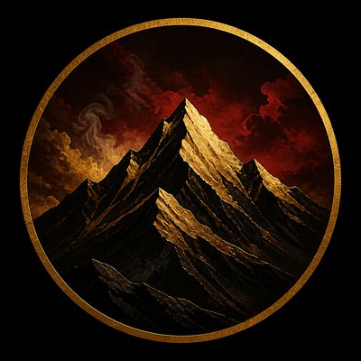 an emblem of a mountain peak inside a circle, simple bold shapes on a plain background, no text or lettering