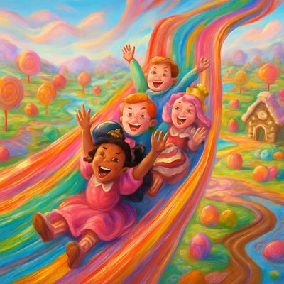 A thrilling and vibrant scene from the board game Candy Land, capturing the excitement of sliding down its biggest, most iconic slide. The slide itself is massive, curving, and made entirely of a glistening, colorful candy material, like a giant, rainbow-striped candy cane or smooth, translucent hard candy. A cheerful, diverse group of children (or classic Candy Land characters like Princess Lolly or Mr. Mint) are depicted in mid-descent, laughing and filled with joy, their hands in the air.

Below and around the slide, the fantastical landscape of Candy Land stretches out: rolling hills of frosting, lollipop trees, rivers of chocolate, gingerbread houses, and giant gumdrops. The colors are incredibly vivid and saturated, creating a truly fantastical and edible world. The perspective is dynamic, looking down the slide with the characters, enhancing the sense of speed and fun. The lighting is bright and cheerful, emphasizing the candy's sparkle and the overall joyful atmosphere.