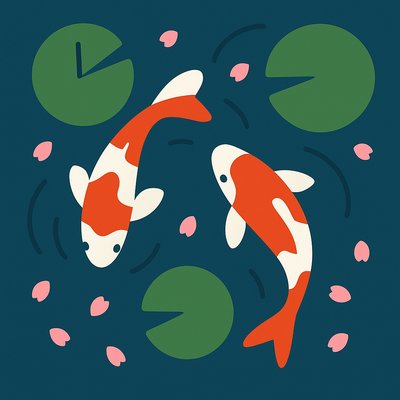 A koi pond seen from above, orange and white koi fish swimming among lily pads, clear water with subtle ripples, fallen cherry blossom petals floating on the surface, dappled sunlight