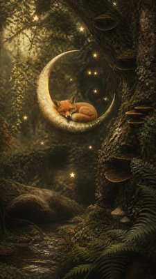 a sleeping baby fox curled on a crescent moon among soft stars, gentle and warm, no text