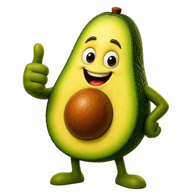 a happy avocado character giving a thumbs up, bold readable design on a plain background, no text