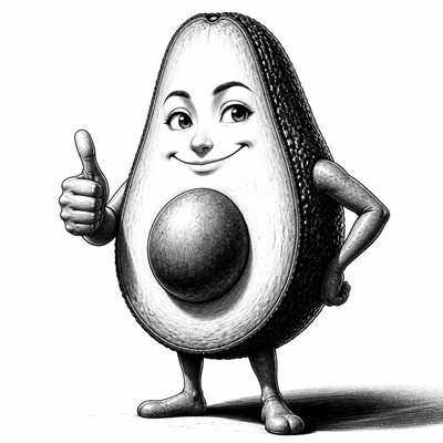 a happy avocado character giving a thumbs up, bold readable design on a plain background, no text