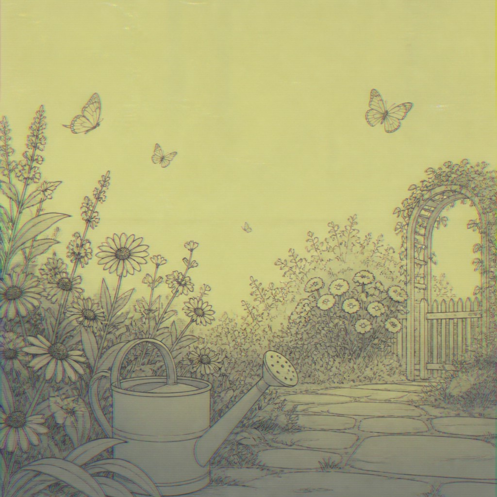 a garden scene with butterflies, flowers and a watering can, clean uncolored line art, no text