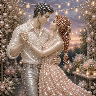 an original couple dancing under string lights in a garden at dusk: a man with short black hair in a linen shirt and a woman with braided red hair in a summer dress