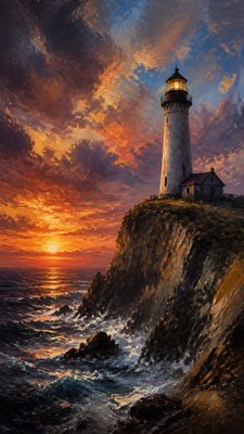 a lone lighthouse on a cliff at dusk under a dramatic sky, no text or lettering