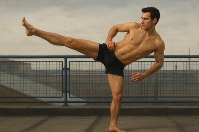 a painting of a man doing a kickbox pose