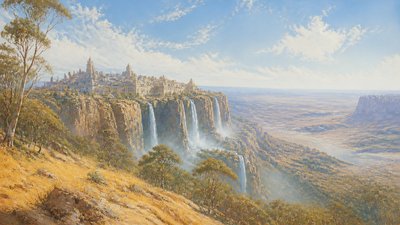 a cliffside city with waterfalls cascading into a misty canyon, wide establishing shot, no people, no text
