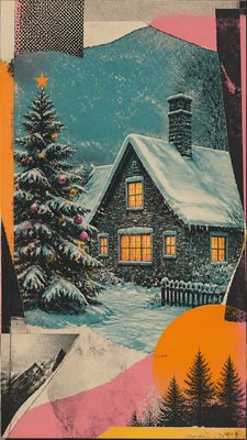 a snow-covered cottage with warm glowing windows beside a decorated pine tree, gentle snowfall, no text