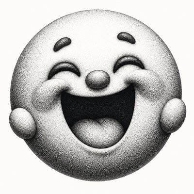 an exaggerated laughing face of an original round mascot character, bold and readable at small size, plain background, no text