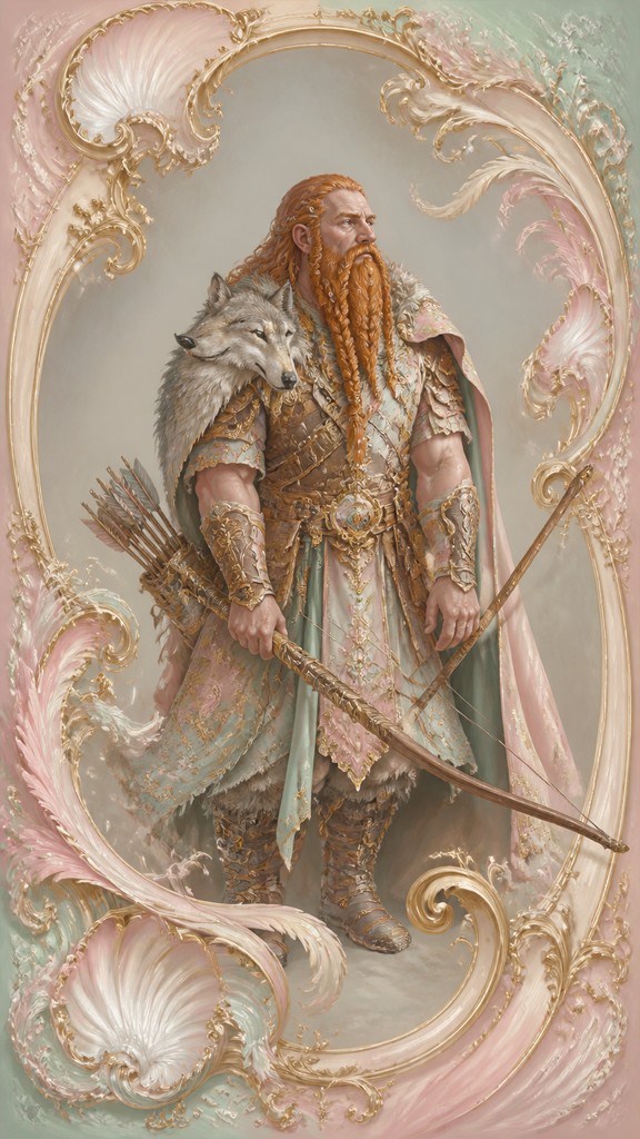 full-body original character: a dwarven ranger with a braided auburn beard, worn leather armor, a longbow and a wolf-pelt cloak, neutral background, no text