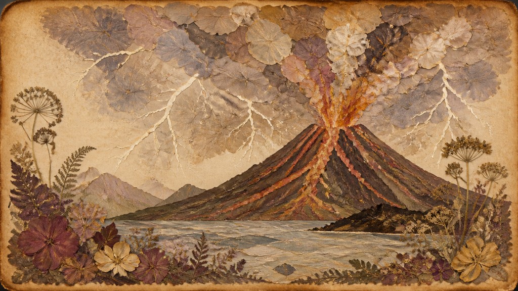 an erupting volcano with lightning strikes, dramatic wide composition, no text