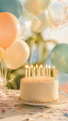 a birthday cake with lit candles surrounded by balloons and confetti, festive vertical composition, no text