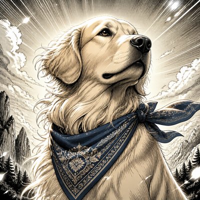 portrait of a golden retriever wearing a blue bandana, warm plain backdrop, no text
