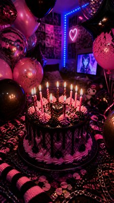 a birthday cake with lit candles surrounded by balloons and confetti, festive vertical composition, no text