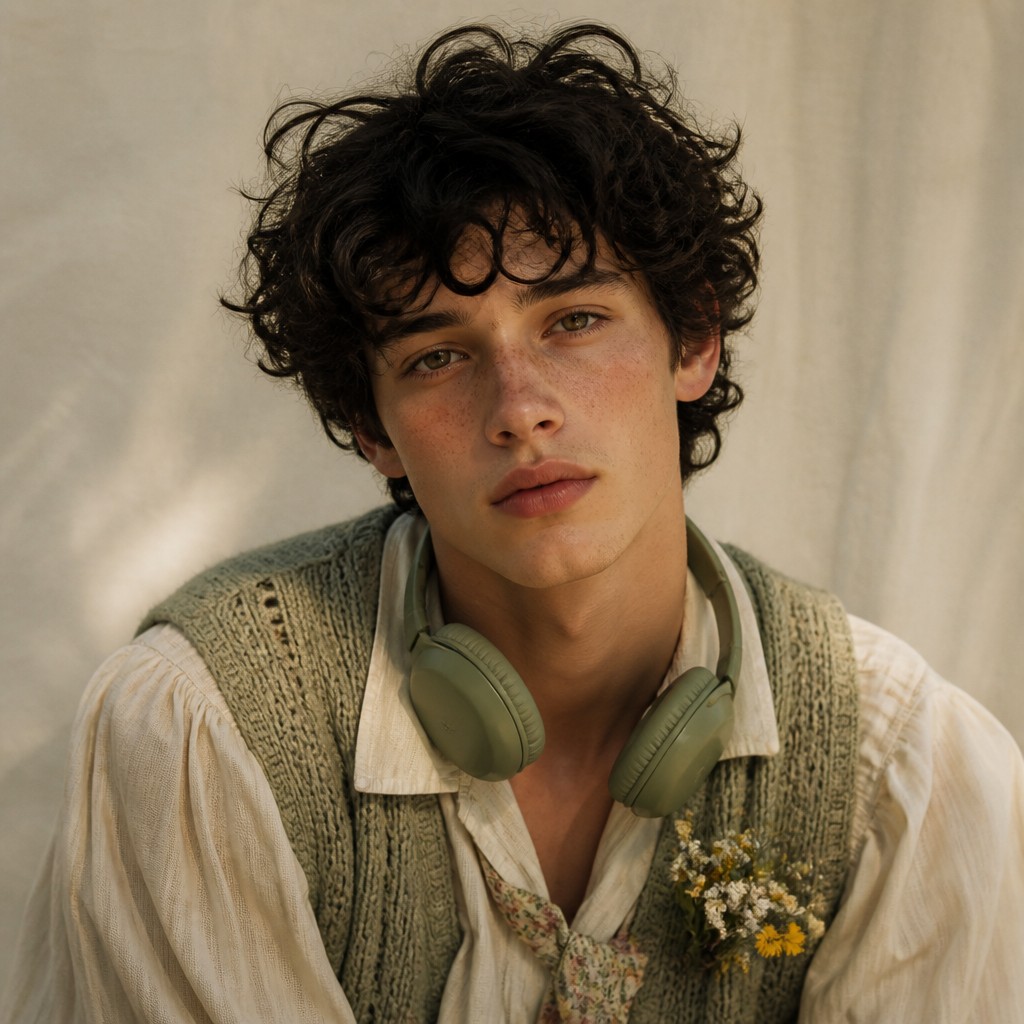 head-and-shoulders portrait of an original character: a young man with curly dark hair and headphones around his neck, plain backdrop, no text