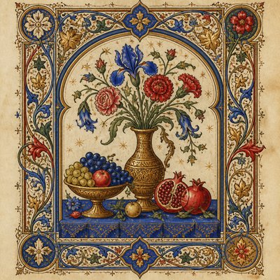 still life arrangement of fruits and flowers