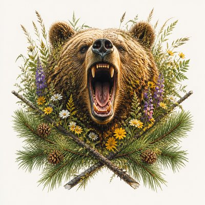 a roaring bear head above crossed pine branches, bold graphic composition on a plain background, no text
