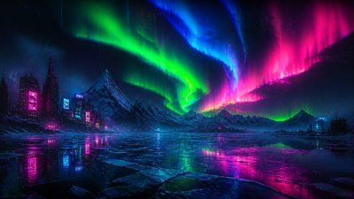 a sweeping aurora over a frozen lake, no people