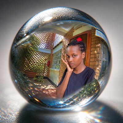 a young woman is reflected in a glass ball