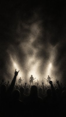 a live music scene with a glowing stage and silhouetted crowd, energetic vertical composition with open space at the top, no text