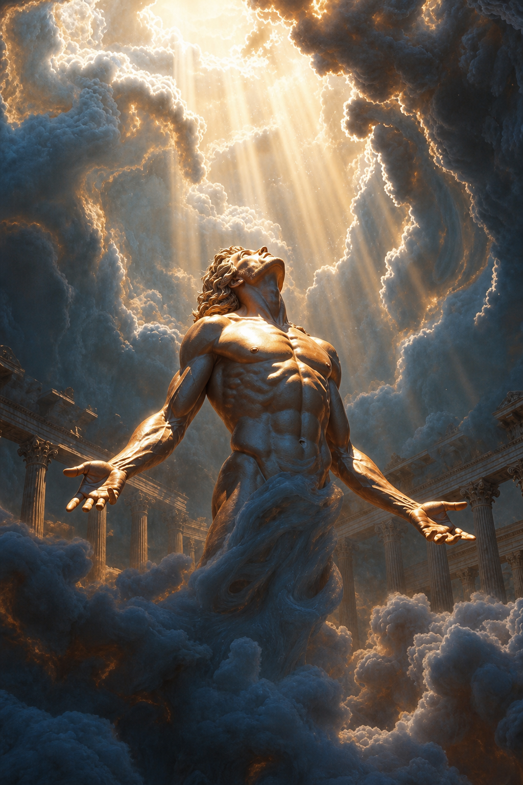 a painting of a man surrounded by clouds