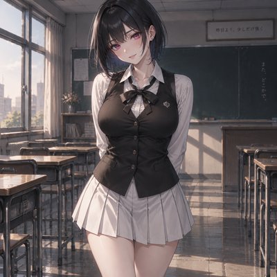 a girl wearing white shirt and a black blouse and a white skirt matching her shirt, she have magenta eyes, black hairs with deep blue highlight,Balanced figure with E-cup bust size, her soft smile, as beautiful as a moon face, hairstyle short hairs, her height 5-6,her weight:46 kg, painterly anime style with soft cel-shading,Make the background like she is sitting in an empty class, she is standing tall, while her hands behind her back