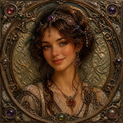 head-and-shoulders portrait of an original character: a young woman with wavy chestnut hair and a warm smile, plain soft backdrop