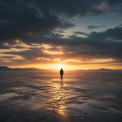 a solitary figure walking toward a glowing horizon across an empty plain, moody atmosphere, no text or lettering