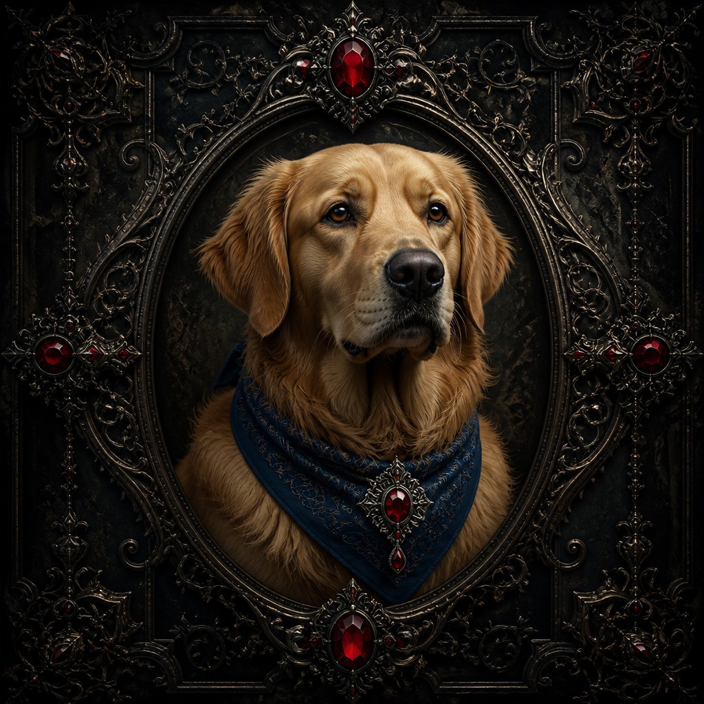 portrait of a golden retriever wearing a blue bandana, warm plain backdrop, no text