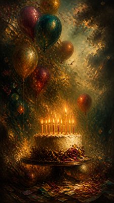 a birthday cake with lit candles surrounded by balloons and confetti, festive vertical composition, no text